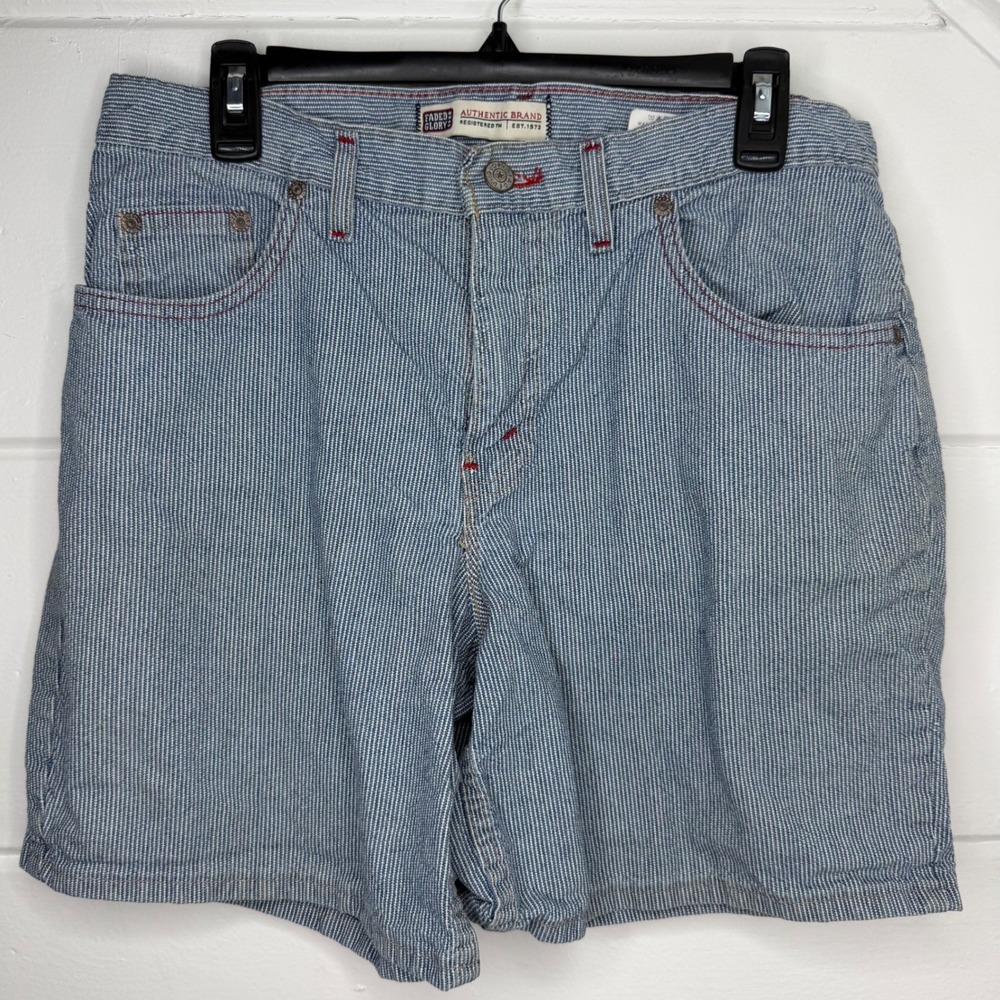 VTG Y2K Faded Glory Sz 10 Blue White Pin Stripe Denim‎ Shorts 32" Waist